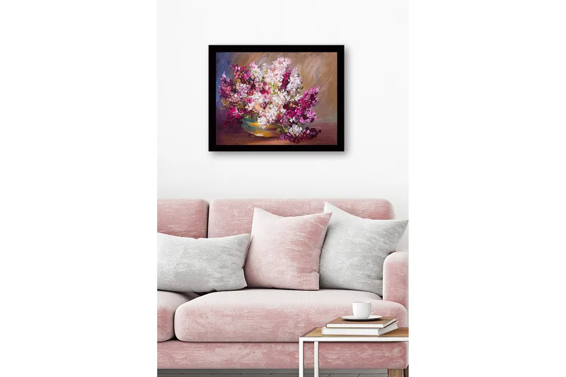 Inramad Canvastavla i trä - 41x56 cm - Färgrik bukett av blommor i en skål - Lila / Vit / Grön - Inredning - Tavlor & konst