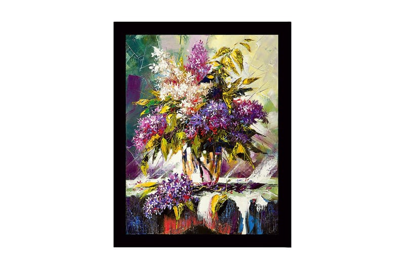 Inramad Canvastavla i trä - 41x56 cm - Färgrik bukett av blommor i en vas, Lila / Grön / Vit