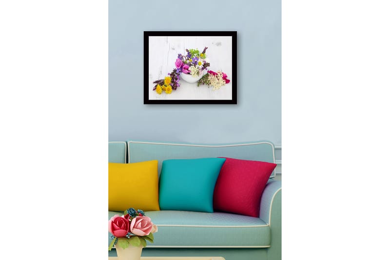 Inramad Canvastavla i trä - 41x56 cm - Färgrik bukett av blommor i en vit skål - Lila / Rosa / Gul - Inredning - Tavlor & konst