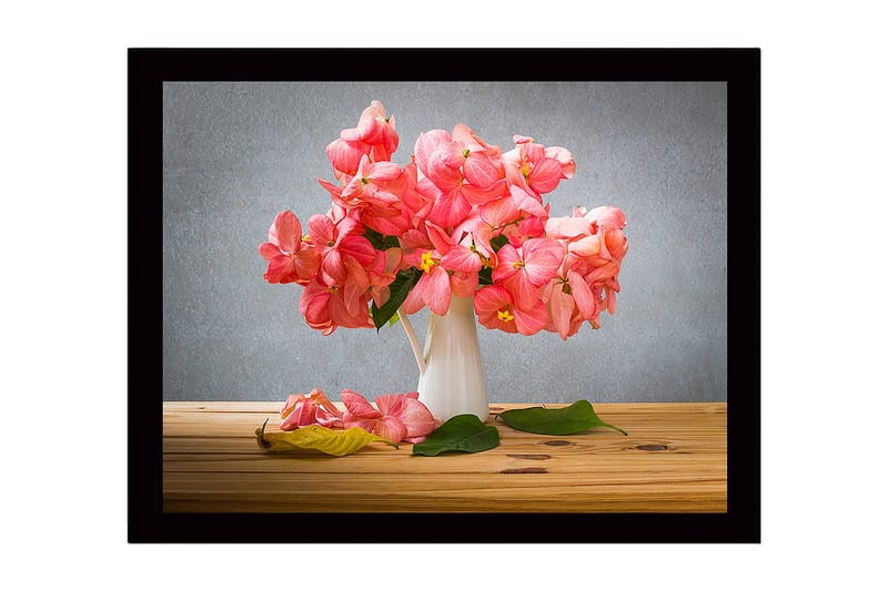 Inramad Canvastavla i trä - 41x56 cm - Färgrik bukett av blommor i en vit vas - Rosa / Grön - Inredning - Tavlor & konst