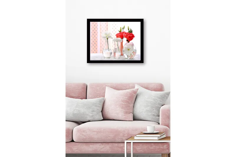 Inramad Canvastavla i trä - 41x56 cm - Färgrik bukett av blommor i glasvaser - Vit / Rosa / Röd - Inredning - Tavlor & konst