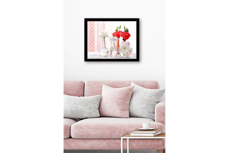Inramad Canvastavla i trä - 41x56 cm - Färgrik bukett av blommor i glasvaser - Vit / Rosa / Röd - Inredning - Tavlor & konst