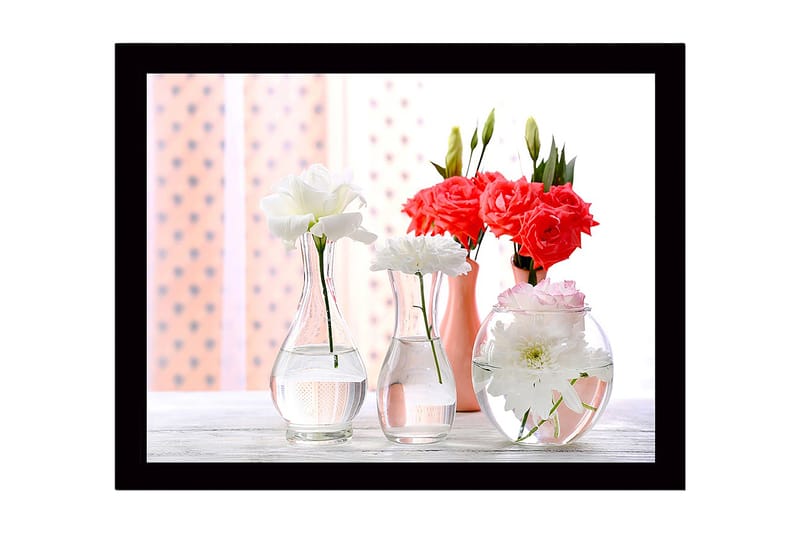 Inramad Canvastavla i trä - 41x56 cm - Färgrik bukett av blommor i glasvaser - Vit / Rosa / Röd - Inredning - Tavlor & konst