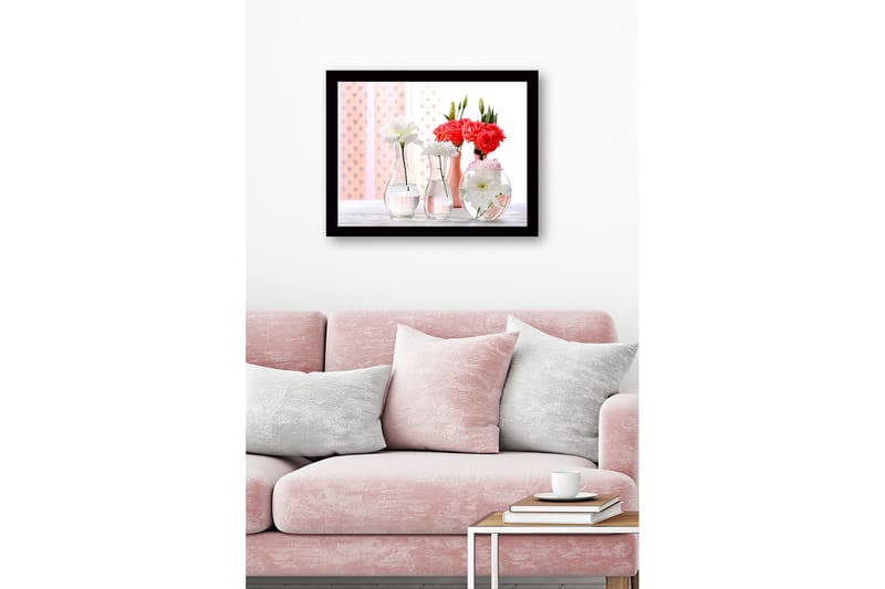 Inramad Canvastavla i trä - 41x56 cm - Färgrik bukett av blommor i glasvaser - Vit / Rosa / Röd - Inredning - Tavlor & konst