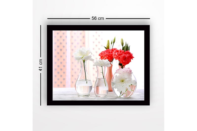 Inramad Canvastavla i trä - 41x56 cm - Färgrik bukett av blommor i glasvaser - Vit / Rosa / Röd - Inredning - Tavlor & konst