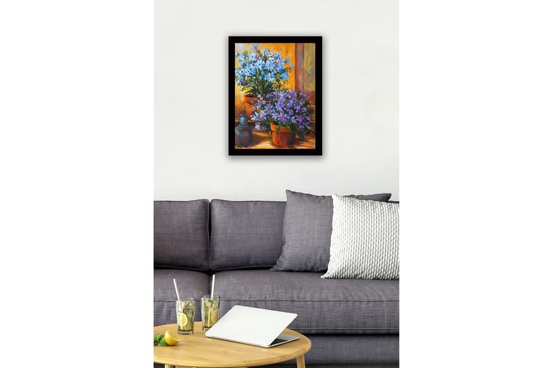 Inramad Canvastavla i trä - 41x56 cm - Färgrik bukett av blommor i krukor - Blå / Lila / Grön - Inredning - Tavlor & konst