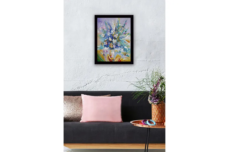 Inramad Canvastavla i trä - 41x56 cm - Färgrik bukett av blommor i livfulla nyanser - Blå / Vit / Grön - Inredning - Tavlor & konst