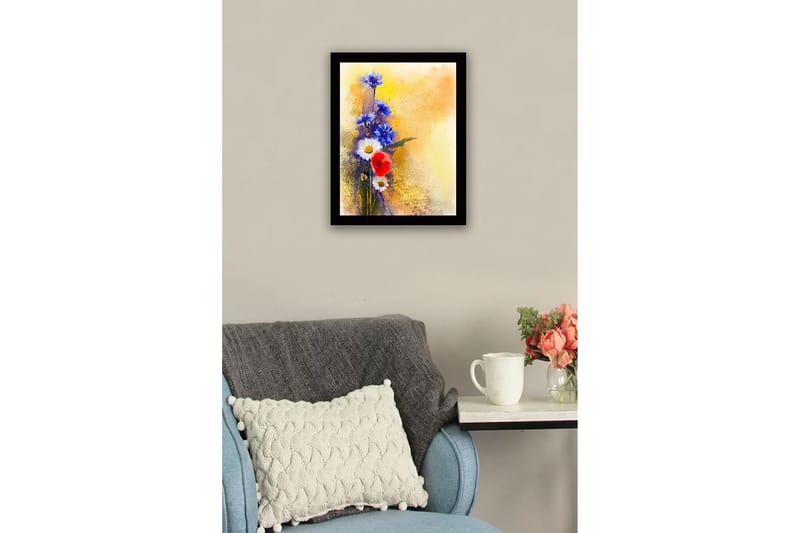 Inramad Canvastavla i trä - 41x56 cm - Färgrik bukett av blommor med blå och röda inslag - Blå / Röd / Vit - Inredning - Tavlor & konst