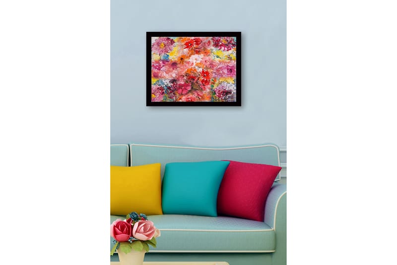 Inramad Canvastavla i trä - 41x56 cm - Färgrik bukett av blommor - Rosa / Röd / Gul - Inredning - Tavlor & konst