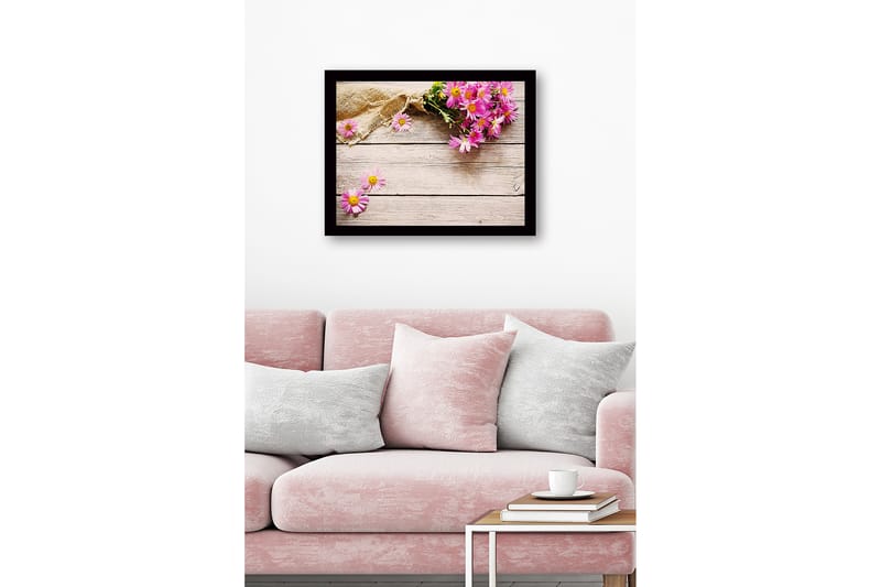 Inramad Canvastavla i trä - 41x56 cm - Färgrik bukett av blommor på en träyta - Rosa / Gult / Brunt - Inredning - Tavlor & konst