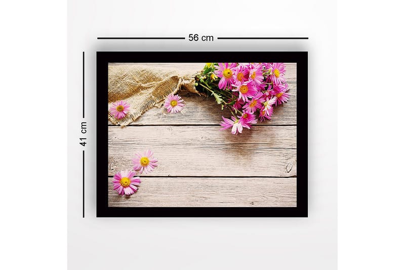 Inramad Canvastavla i trä - 41x56 cm - Färgrik bukett av blommor på en träyta - Rosa / Gult / Brunt - Inredning - Tavlor & konst