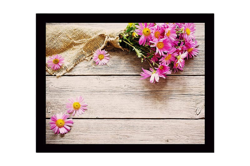 Inramad Canvastavla i trä - 41x56 cm - Färgrik bukett av blommor på en träyta - Rosa / Gult / Brunt - Inredning - Tavlor & konst