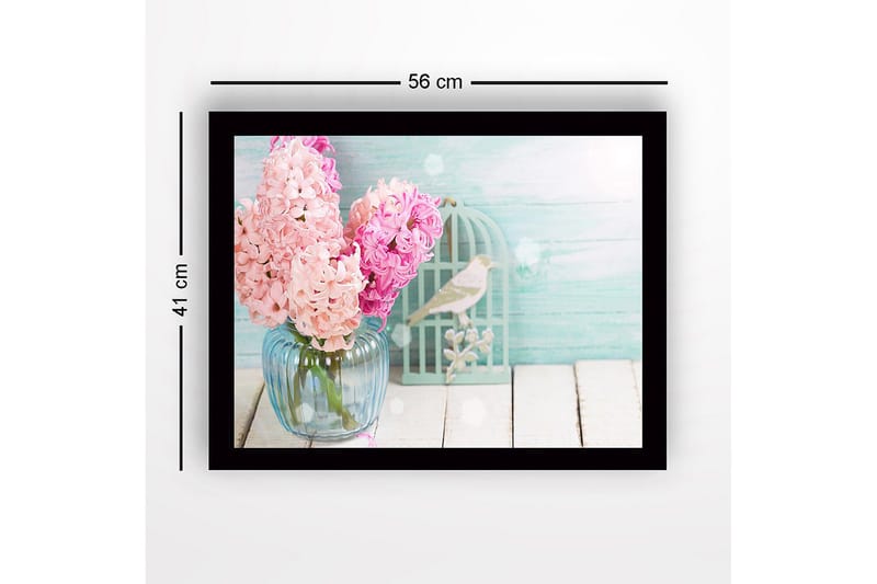 Inramad Canvastavla i trä - 41x56 cm - Färgrik bukett av hyacinter i en glasvas - Ljusrosa / Ljusblå / Mintgrön - Inredning - Tavlor & konst