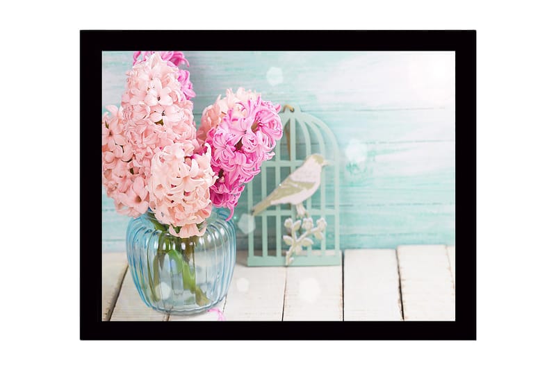Inramad Canvastavla i trä - 41x56 cm - Färgrik bukett av hyacinter i en glasvas - Ljusrosa / Ljusblå / Mintgrön - Inredning - Tavlor & konst
