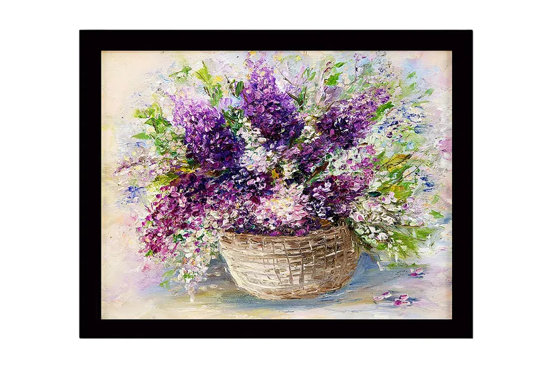 Inramad Canvastavla i trä - 41x56 cm - Färgrik bukett av liljor i en korg, Lila / Grön / Vit