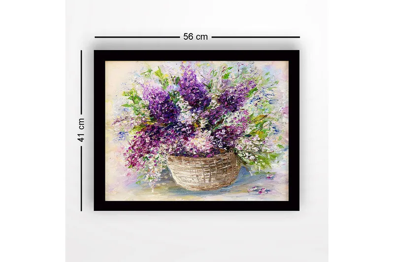 Inramad Canvastavla i trä - 41x56 cm - Färgrik bukett av liljor i en korg - Lila / Grön / Vit - Inredning - Tavlor & konst