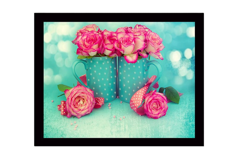 Inramad Canvastavla i trä - 41x56 cm - Färgrik bukett av rosor i blå muggar - Rosa / Turkos - Inredning - Tavlor & konst
