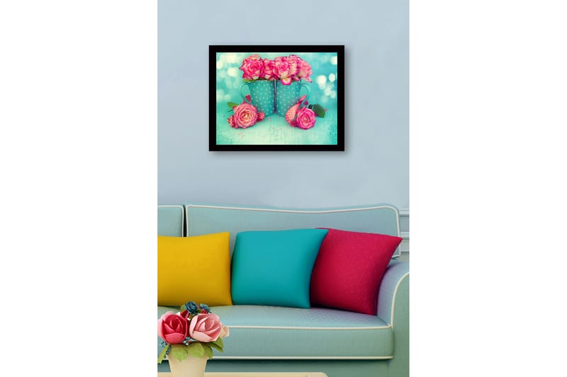 Inramad Canvastavla i trä - 41x56 cm - Färgrik bukett av rosor i blå muggar - Rosa / Turkos - Inredning - Tavlor & konst