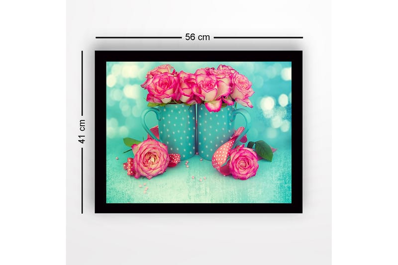 Inramad Canvastavla i trä - 41x56 cm - Färgrik bukett av rosor i blå muggar - Rosa / Turkos - Inredning - Tavlor & konst