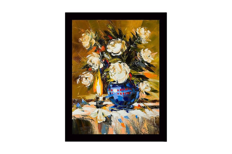 Inramad Canvastavla i trä - 41x56 cm - Färgrik bukett av rosor i en blå vas - Vit / Blå / Grön - Inredning - Tavlor & konst