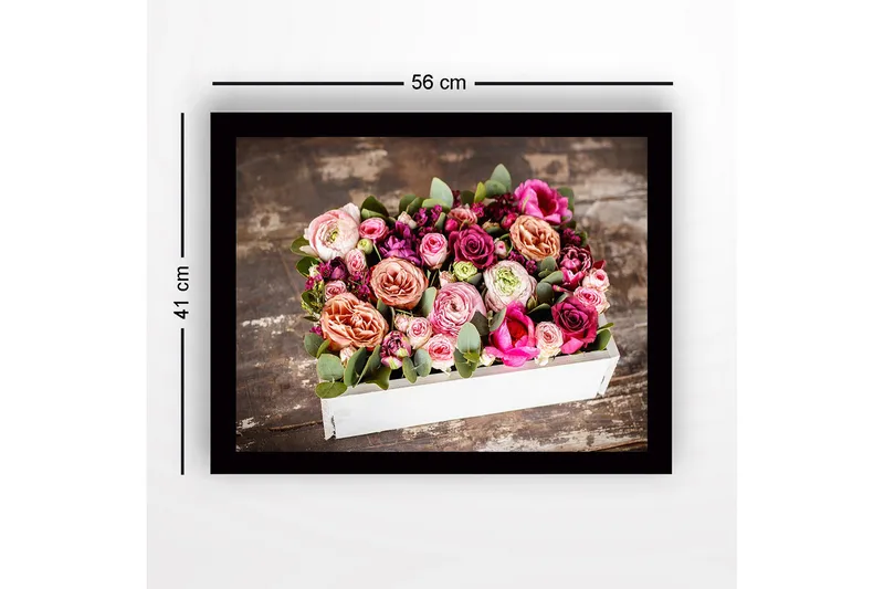 Inramad Canvastavla i trä - 41x56 cm - Färgrik bukett av rosor och gröna blad - Rosa / Lila / Grön - Inredning - Tavlor & konst