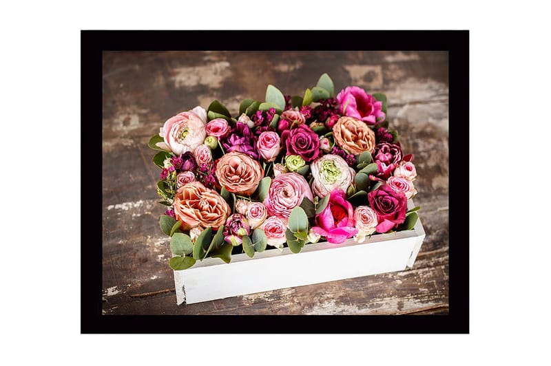 Inramad Canvastavla i trä - 41x56 cm - Färgrik bukett av rosor och gröna blad, Rosa / Lila / Grön