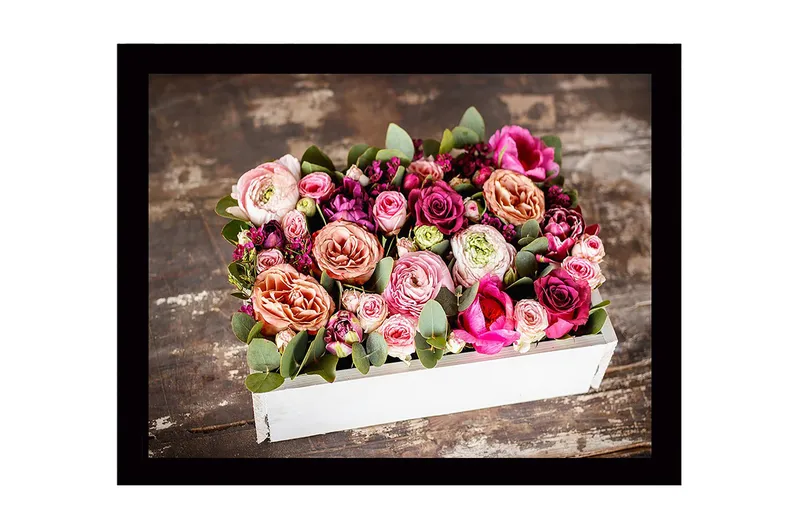 Inramad Canvastavla i trä - 41x56 cm - Färgrik bukett av rosor och gröna blad, Rosa / Lila / Grön