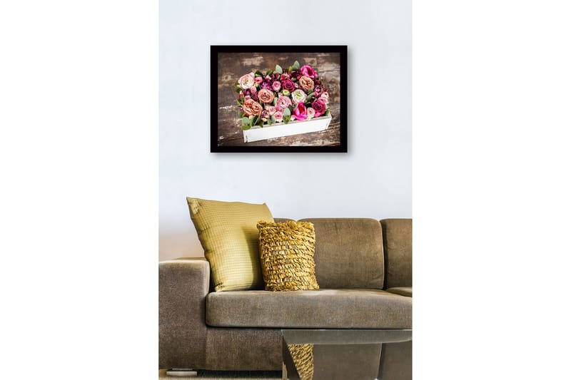 Inramad Canvastavla i trä - 41x56 cm - Färgrik bukett av rosor och gröna blad - Rosa / Lila / Grön - Inredning - Tavlor & konst