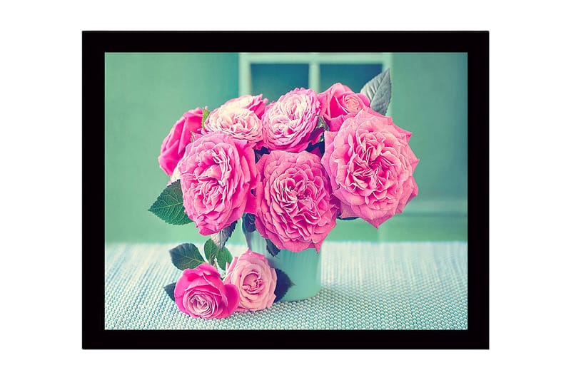 Inramad Canvastavla i trä - 41x56 cm - Färgrik bukett av rosor - Rosa / Grön / Vit - Inredning - Tavlor & konst