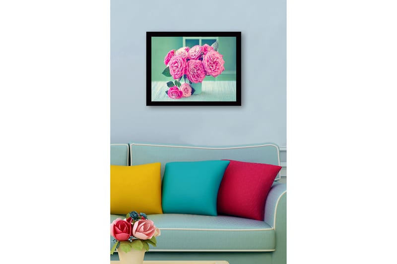 Inramad Canvastavla i trä - 41x56 cm - Färgrik bukett av rosor - Rosa / Grön / Vit - Inredning - Tavlor & konst