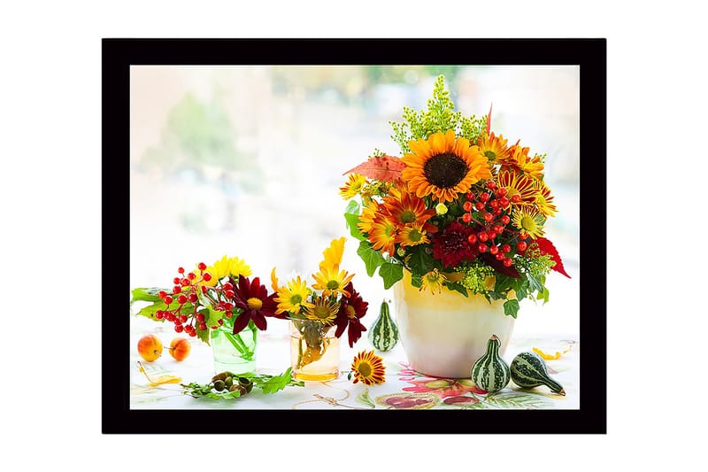 Inramad Canvastavla i trä - 41x56 cm - Färgrik bukett av solrosor och höstblommor, Gul / Röd / Grön