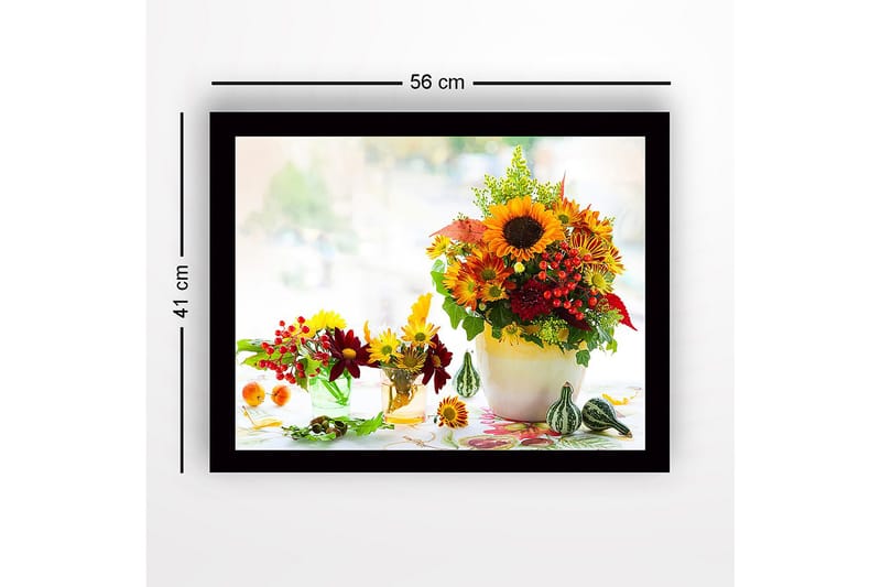 Inramad Canvastavla i trä - 41x56 cm - Färgrik bukett av solrosor och höstblommor - Gul / Röd / Grön - Inredning - Tavlor & konst