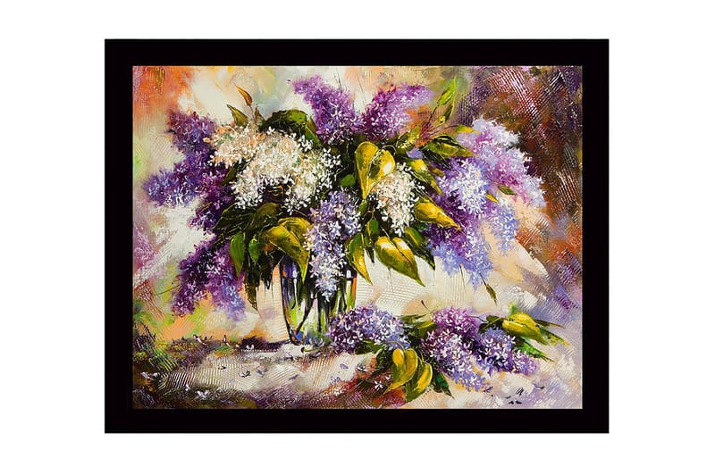Inramad Canvastavla i trä - 41x56 cm - Färgrik bukett av syrenblommor, Lila / Vit / Grön