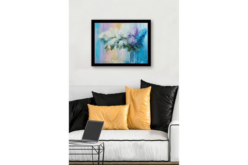Inramad Canvastavla i trä - 41x56 cm - Färgrik bukett av syrener i en glasvas - Vit / Lila / Turkos - Inredning - Tavlor & konst