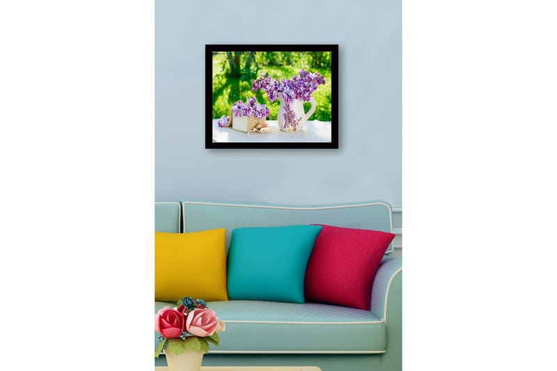 Inramad Canvastavla i trä - 41x56 cm - Färgrik bukett av syrener i en kruka - Lila / Grön / Vit - Inredning - Tavlor & konst