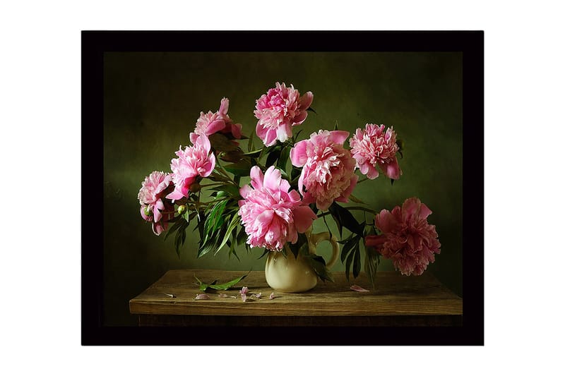 Inramad Canvastavla i trä - 41x56 cm - Färgrik bukett av pioner i en keramikvas, Rosa / Grön / Beige