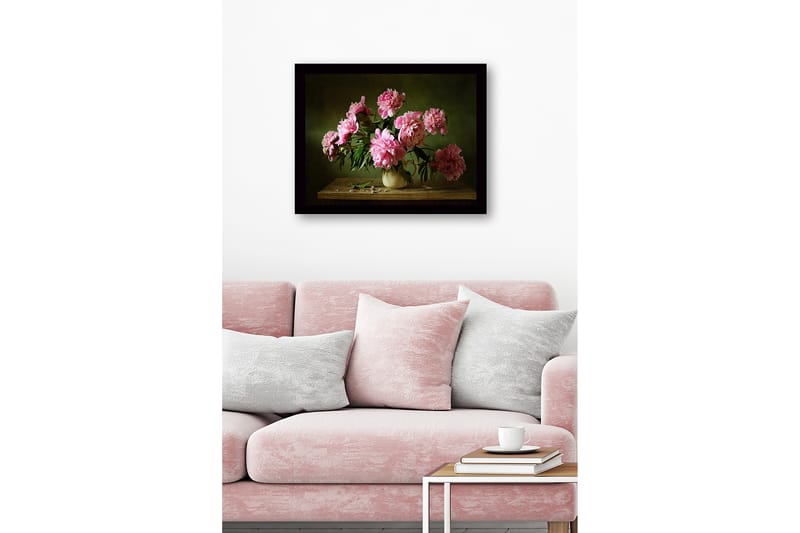 Inramad Canvastavla i trä - 41x56 cm - Färgrik bukett av pioner i en keramikvas - Rosa / Grön / Beige - Inredning - Tavlor & konst