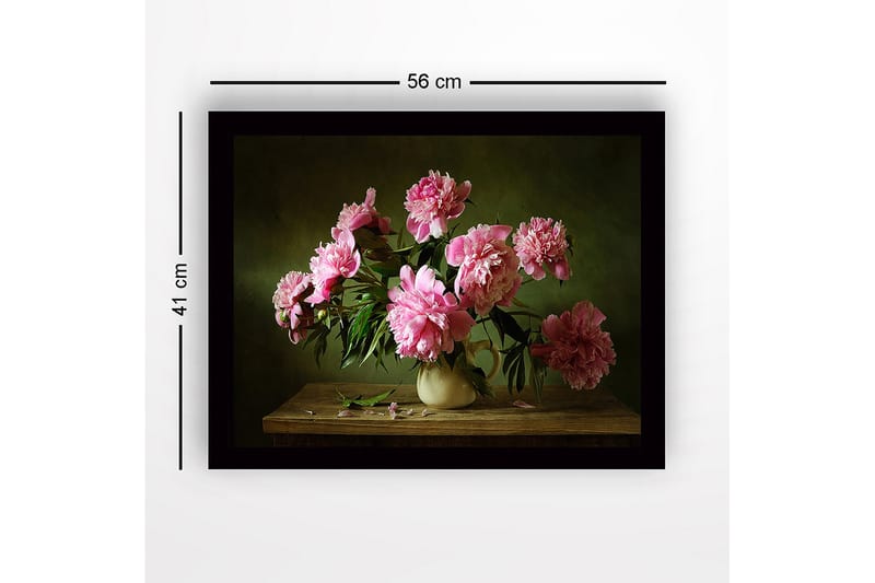 Inramad Canvastavla i trä - 41x56 cm - Färgrik bukett av pioner i en keramikvas - Rosa / Grön / Beige - Inredning - Tavlor & konst