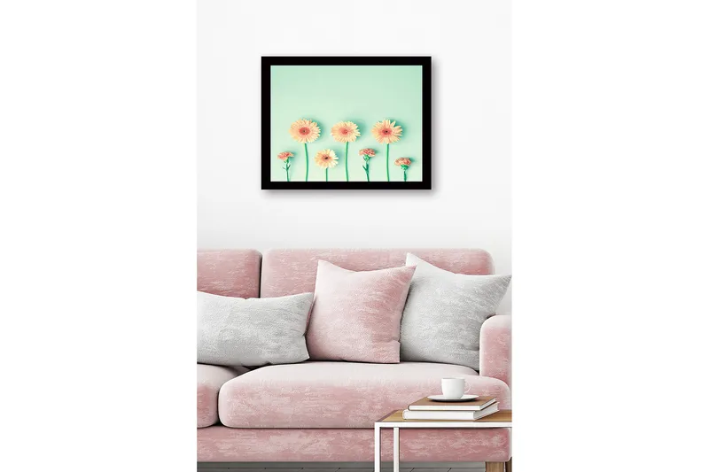 Inramad Canvastavla i trä - 41x56 cm - Färgrik rad av blommor med gerbera och nejlika - Ljusorange / Grön / Mintgrön - Inredning - Tavlor & konst