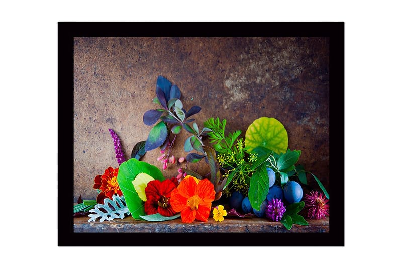 Inramad Canvastavla i trä - 41x56 cm - Färgrik samling av blommor och blad - Röd / Grön / Lila - Inredning - Tavlor & konst