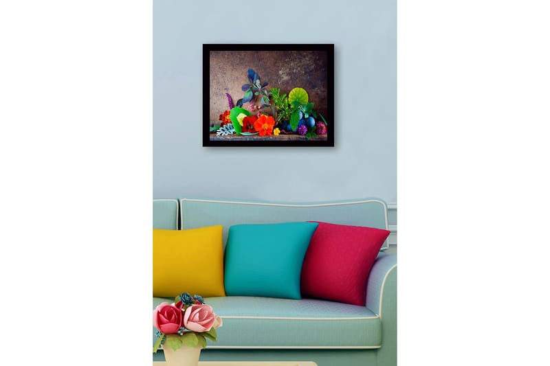 Inramad Canvastavla i trä - 41x56 cm - Färgrik samling av blommor och blad - Röd / Grön / Lila - Inredning - Tavlor & konst