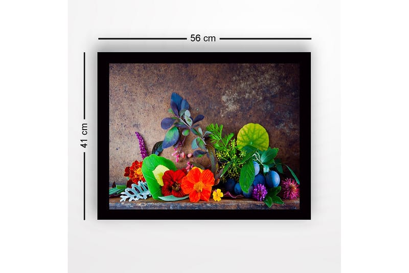 Inramad Canvastavla i trä - 41x56 cm - Färgrik samling av blommor och blad - Röd / Grön / Lila - Inredning - Tavlor & konst