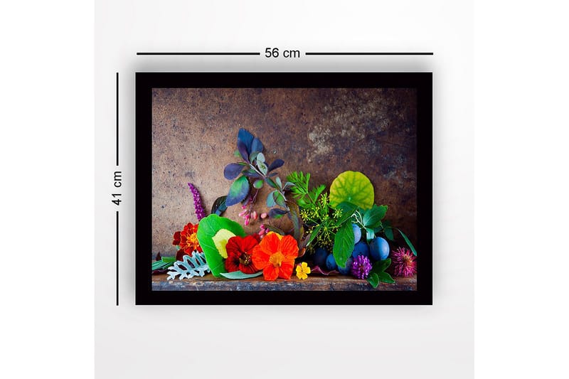 Inramad Canvastavla i trä - 41x56 cm - Färgrik samling av blommor och blad - Röd / Grön / Lila - Inredning - Tavlor & konst