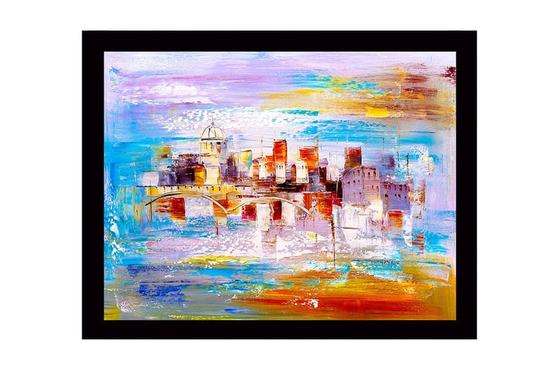 Inramad Canvastavla i trä - 41x56 cm - Färgrik stadsbild med bro och byggnader i silhuett - Blå / Orange / Lila - Inredning - Tavlor & konst