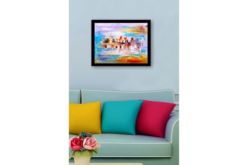Inramad Canvastavla i trä - 41x56 cm - Färgrik stadsbild med bro och byggnader i silhuett - Blå / Orange / Lila - Inredning - Tavlor & konst
