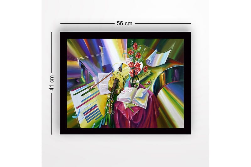Inramad Canvastavla i trä - 41x56 cm - Färgrik stillhet med instrument och blommor - Grön / Röd / Gul - Inredning - Tavlor & konst