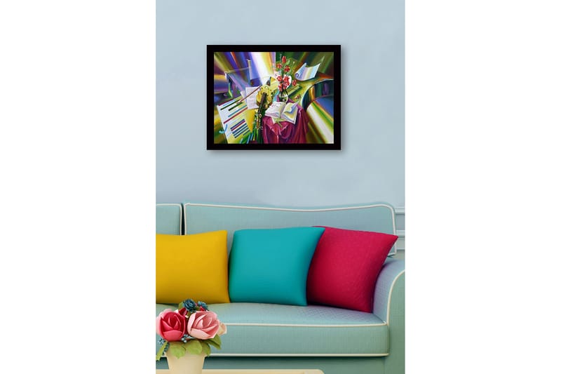 Inramad Canvastavla i trä - 41x56 cm - Färgrik stillhet med instrument och blommor - Grön / Röd / Gul - Inredning - Tavlor & konst