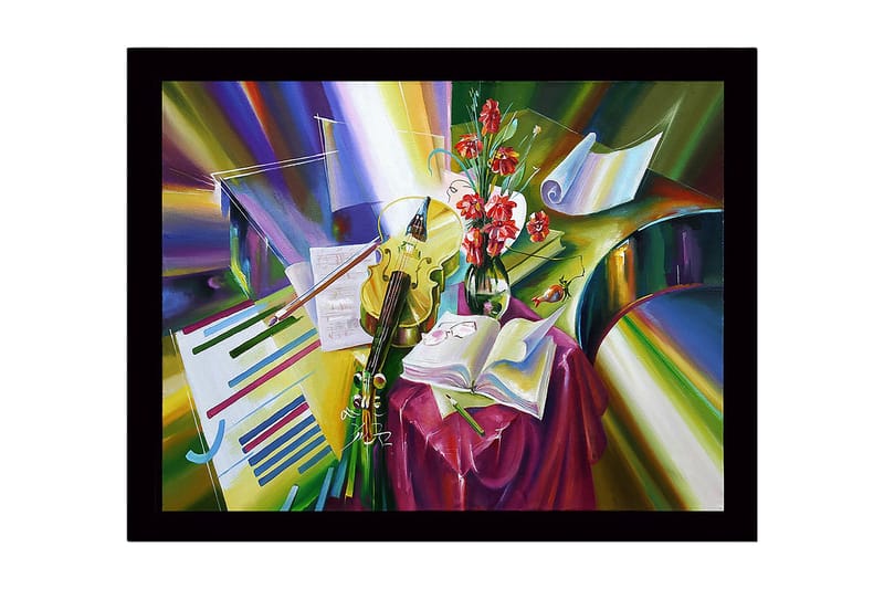 Inramad Canvastavla i trä - 41x56 cm - Färgrik stillhet med instrument och blommor, Grön / Röd / Gul