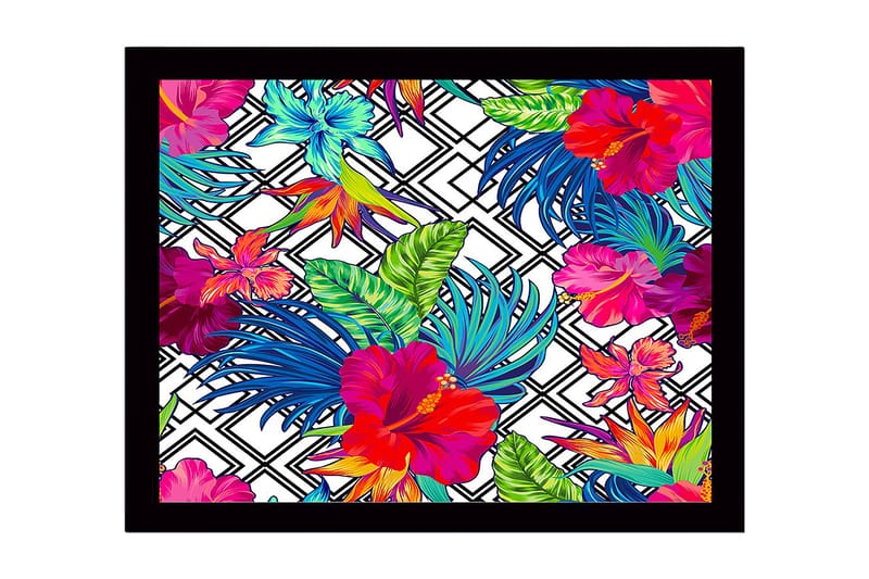 Inramad Canvastavla i trä - 41x56 cm - Färgrik tropisk blomsterdesign med hibiskusar och bladverk, Röd / Grön / Blå