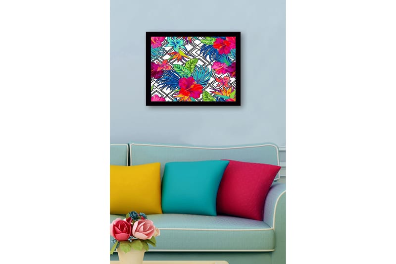 Inramad Canvastavla i trä - 41x56 cm - Färgrik tropisk blomsterdesign med hibiskusar och bladverk - Röd / Grön / Blå - Inredning - Tavlor & konst